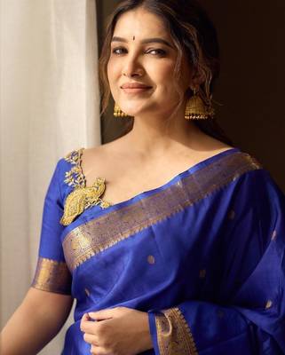 royal blue silk blend banarasi jacuard work festive saree with unstitched blouse piece 5