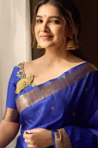 royal blue silk blend banarasi jacuard work festive saree with unstitched blouse piece