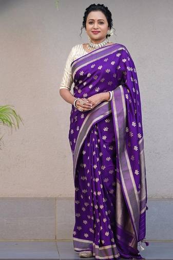 purple silk blend banarasi jacuard work festive saree with unstitched blouse piece
