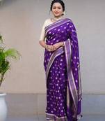 purple silk blend banarasi jacuard work festive saree with unstitched blouse piece