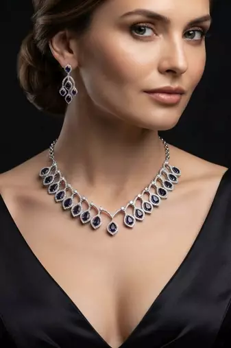 Ocean blue color american diamond necklace set for contemporary ethnic fashion outfits