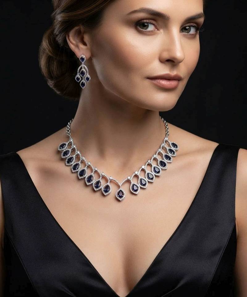 Ocean blue color american diamond necklace set for contemporary ethnic fashion outfits