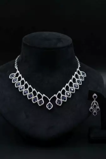 Ocean blue color american diamond necklace set for contemporary ethnic fashion outfits