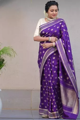 purple silk blend banarasi jacuard work festive saree with unstitched blouse piece