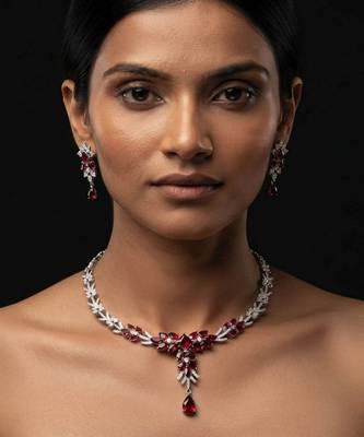 Striking blood red color american diamond necklace set for grand bridal attire 2