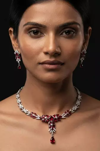 Striking blood red color american diamond necklace set for grand bridal attire