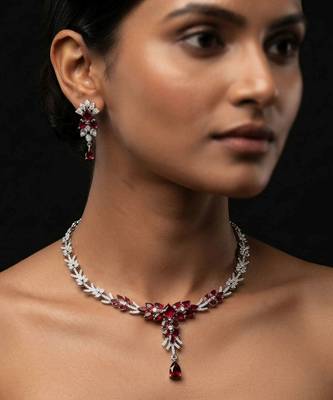 Striking blood red color american diamond necklace set for grand bridal attire 3