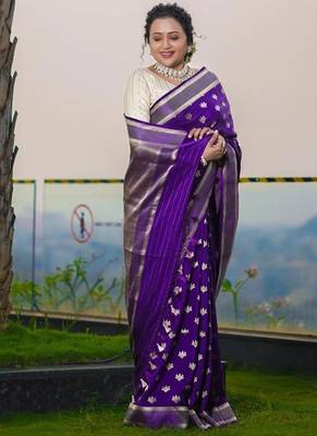 purple silk blend banarasi jacuard work festive saree with unstitched blouse piece 5
