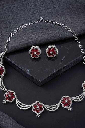 Glamorous ruby red color american diamond necklace set for royal celebration functions