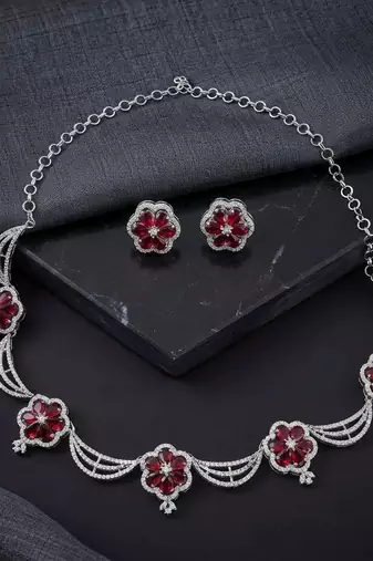 Glamorous ruby red color american diamond necklace set for royal celebration functions