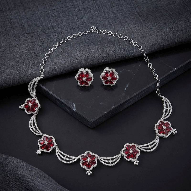 Glamorous ruby red color american diamond necklace set for royal celebration functions