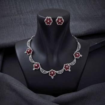 Glamorous ruby red color american diamond necklace set for royal celebration functions 2
