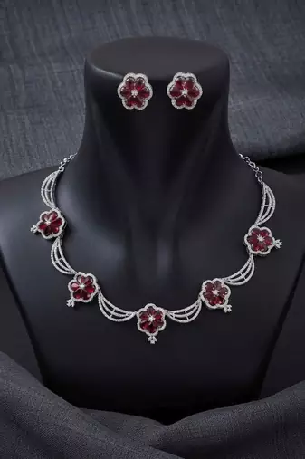 Glamorous ruby red color american diamond necklace set for royal celebration functions