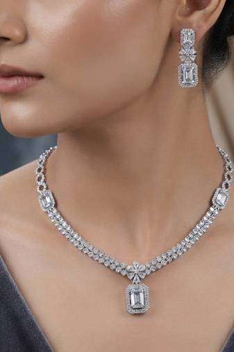 Graceful pure white color american diamond necklace set for classic sophisticated style