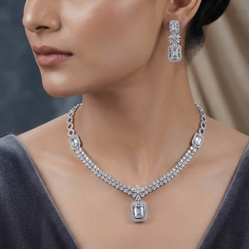Graceful pure white color american diamond necklace set for classic sophisticated style