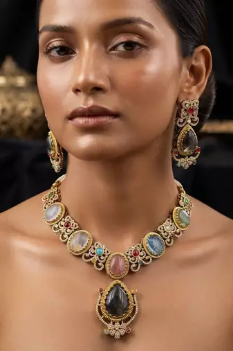 Luxurious designer multi color sabyasachi inspired russian stone necklace set for women