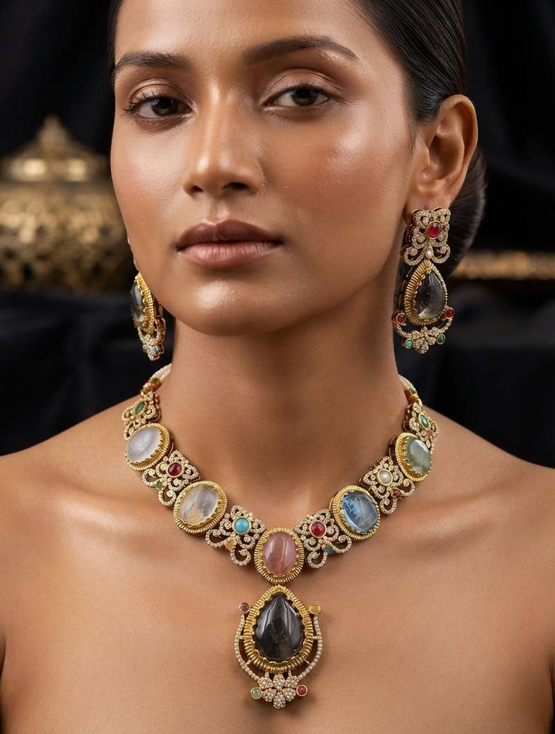 Luxurious designer multi color sabyasachi inspired russian stone necklace set for women