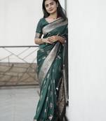 green  silk blend banarasi jacuard work festive saree with unstitched blouse piece