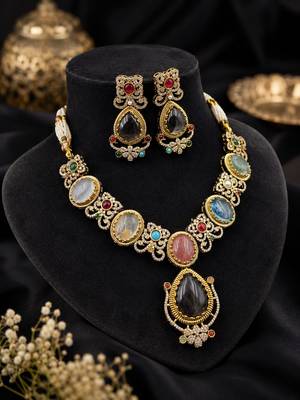 Luxurious designer multi color sabyasachi inspired russian stone necklace set for women 2
