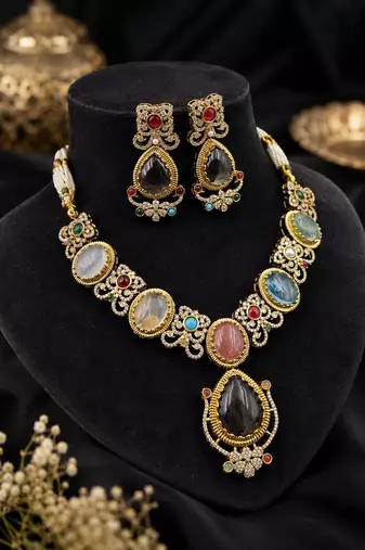 Luxurious designer multi color sabyasachi inspired russian stone necklace set for women