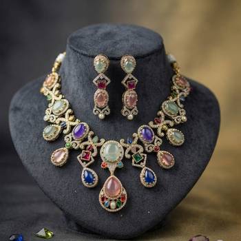 Imperial style multi color sabyasachi inspired russian stone necklace set for functions 1