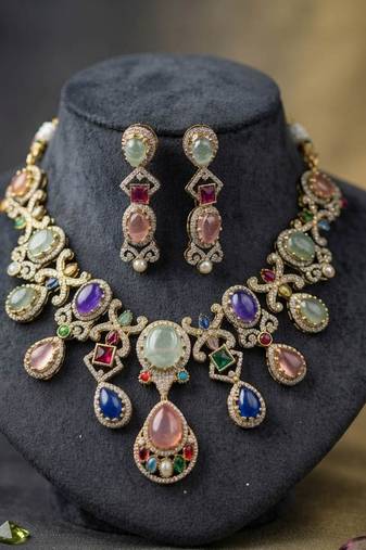 Imperial style multi color sabyasachi inspired russian stone necklace set for functions