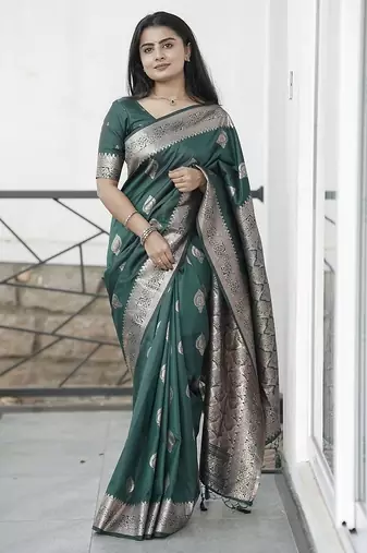 green  silk blend banarasi jacuard work festive saree with unstitched blouse piece