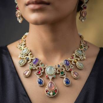 Imperial style multi color sabyasachi inspired russian stone necklace set for functions 2
