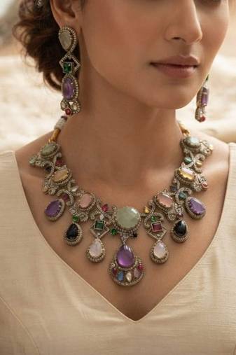 Heavy bridal multi color sabyasachi inspired russian stone necklace set for celebrations