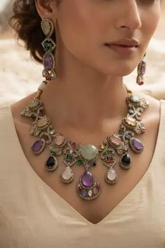 Heavy bridal multi color sabyasachi inspired russian stone necklace set for celebrations