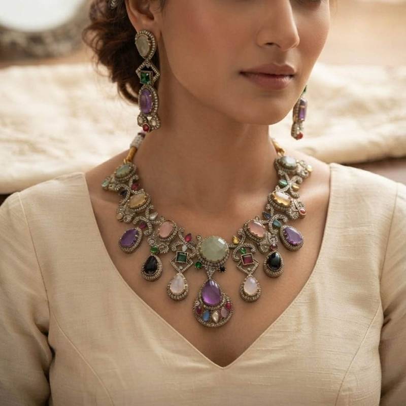 Heavy bridal multi color sabyasachi inspired russian stone necklace set for celebrations
