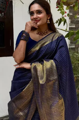 navy blue silk blend banarasi jacuard work festive saree with unstitched blouse piece