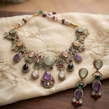 Heavy bridal multi color sabyasachi inspired russian stone necklace set for celebrations 3