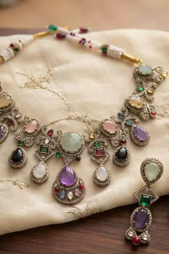 Heavy bridal multi color sabyasachi inspired russian stone necklace set for celebrations