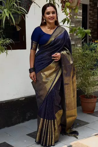 navy blue silk blend banarasi jacuard work festive saree with unstitched blouse piece