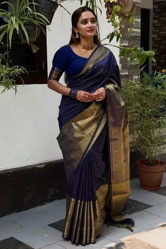 navy blue silk blend banarasi jacuard work festive saree with unstitched blouse piece