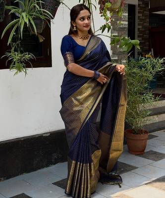 navy blue silk blend banarasi jacuard work festive saree with unstitched blouse piece 4