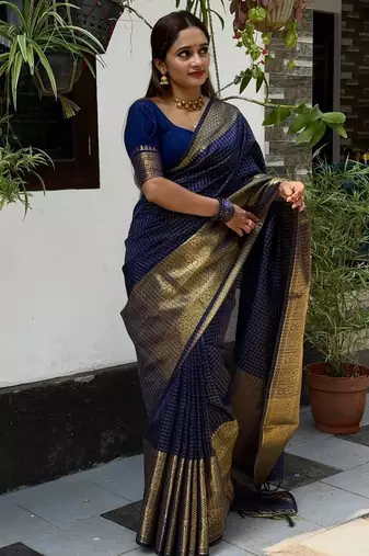 navy blue silk blend banarasi jacuard work festive saree with unstitched blouse piece