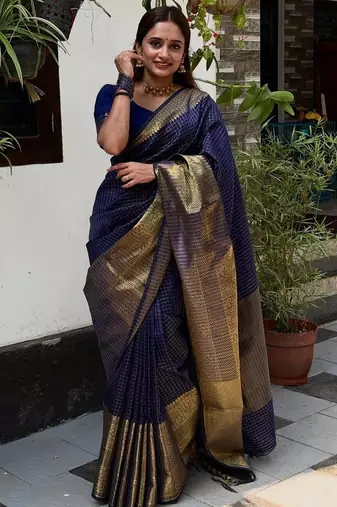 navy blue silk blend banarasi jacuard work festive saree with unstitched blouse piece