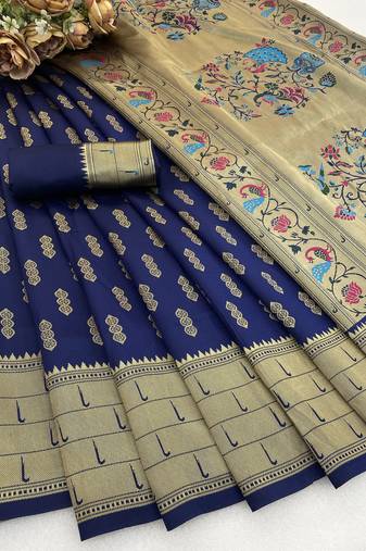blue silk blend banarasi jacuard work festive saree with unstitched blouse piece