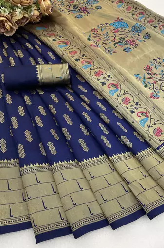 blue silk blend banarasi jacuard work festive saree with unstitched blouse piece