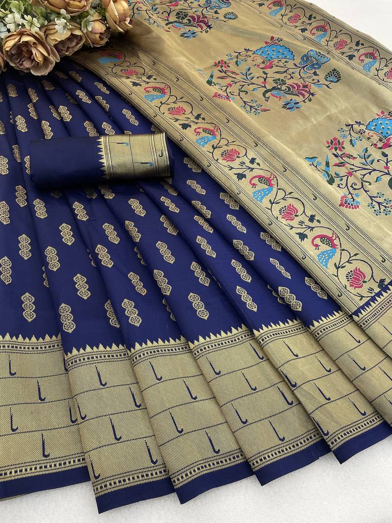 blue silk blend banarasi jacuard work festive saree with unstitched blouse piece