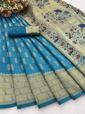 firozi silk blend banarasi jacuard work festive saree with unstitched blouse piece 1