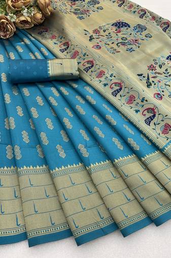 firozi silk blend banarasi jacuard work festive saree with unstitched blouse piece