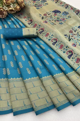 firozi silk blend banarasi jacuard work festive saree with unstitched blouse piece