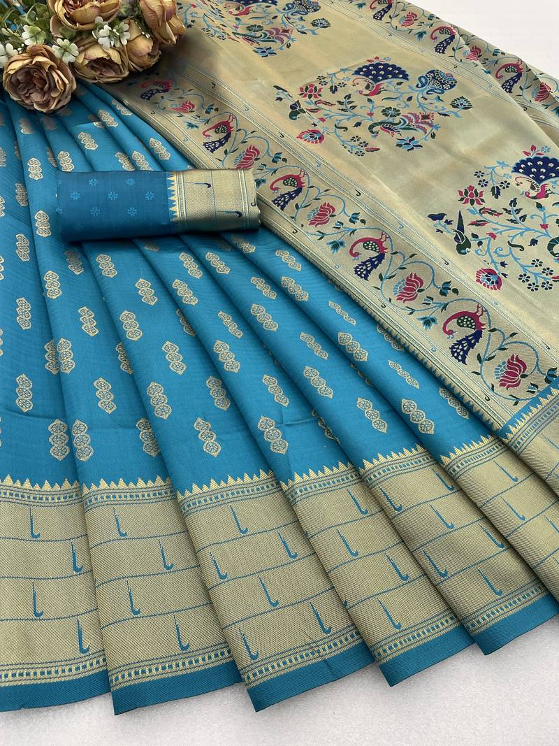 firozi silk blend banarasi jacuard work festive saree with unstitched blouse piece