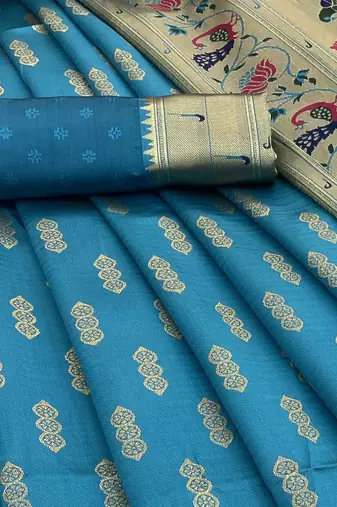 firozi silk blend banarasi jacuard work festive saree with unstitched blouse piece