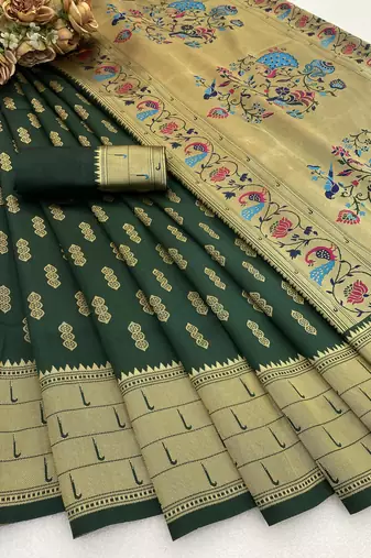 green  silk blend banarasi jacuard work festive saree with unstitched blouse piece