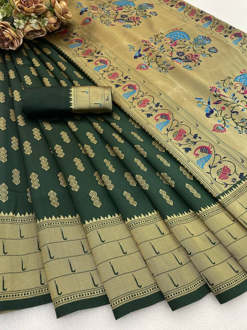 green  silk blend banarasi jacuard work festive saree with unstitched blouse piece