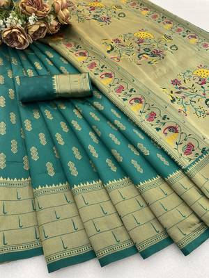 rama silk blend banarasi jacuard work festive saree with unstitched blouse piece 1